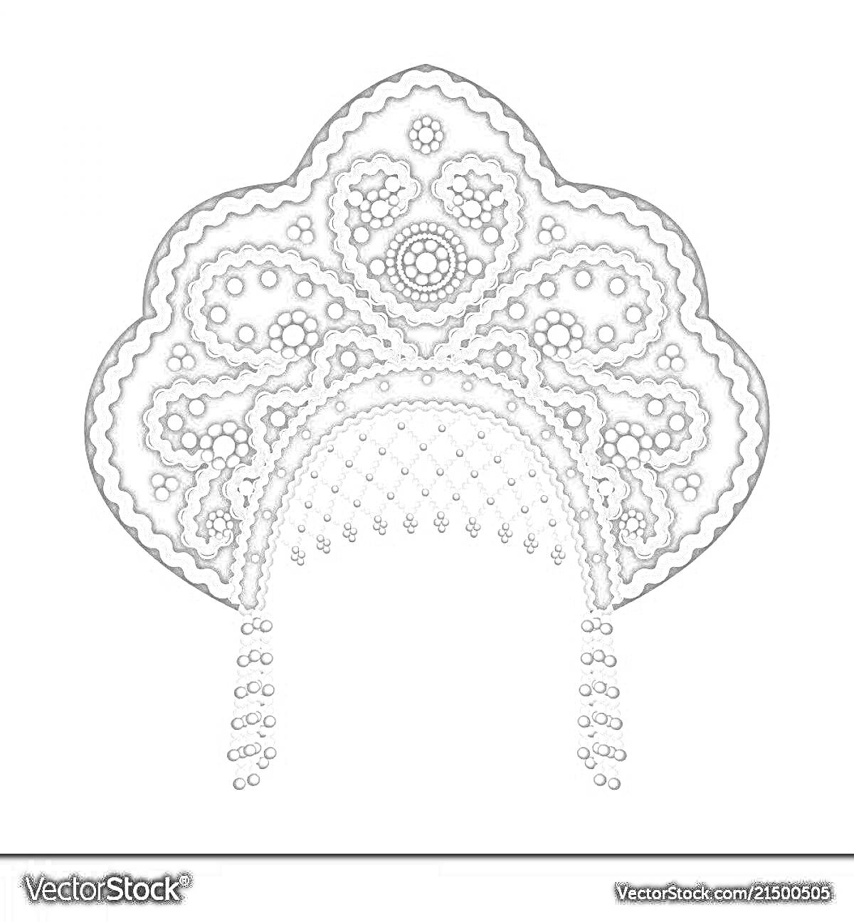 На раскраске изображено: Кокошник, Русский народный, Узоры, Бисер, Орнамент, Народное искусство