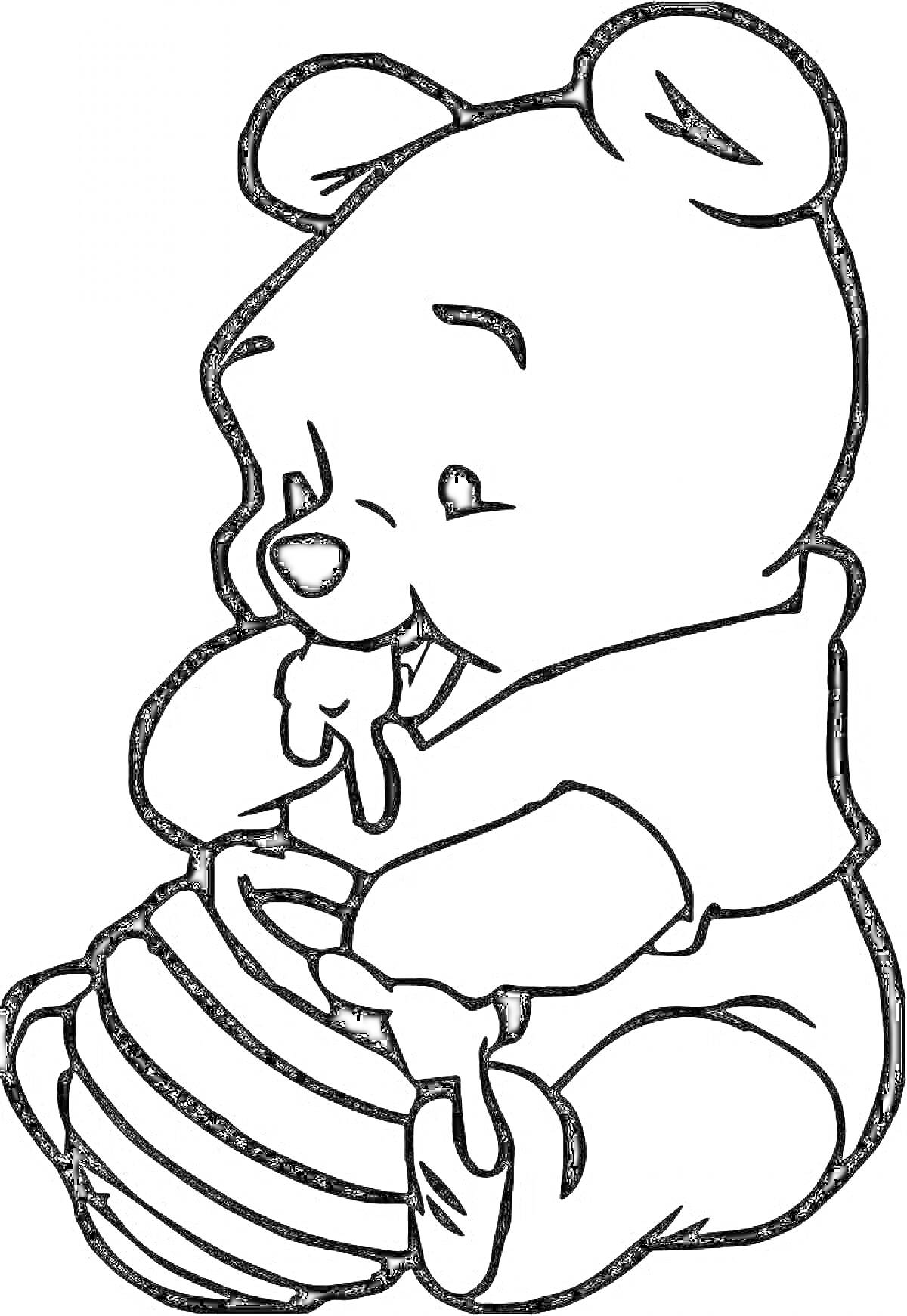 На раскраске изображено: Мед, Бочка, Сидящий медведь