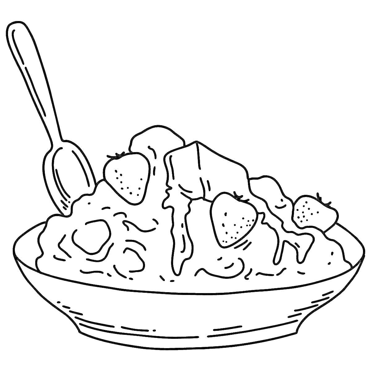 Раскраска Тарелка с кашей, клубникой и ложкой