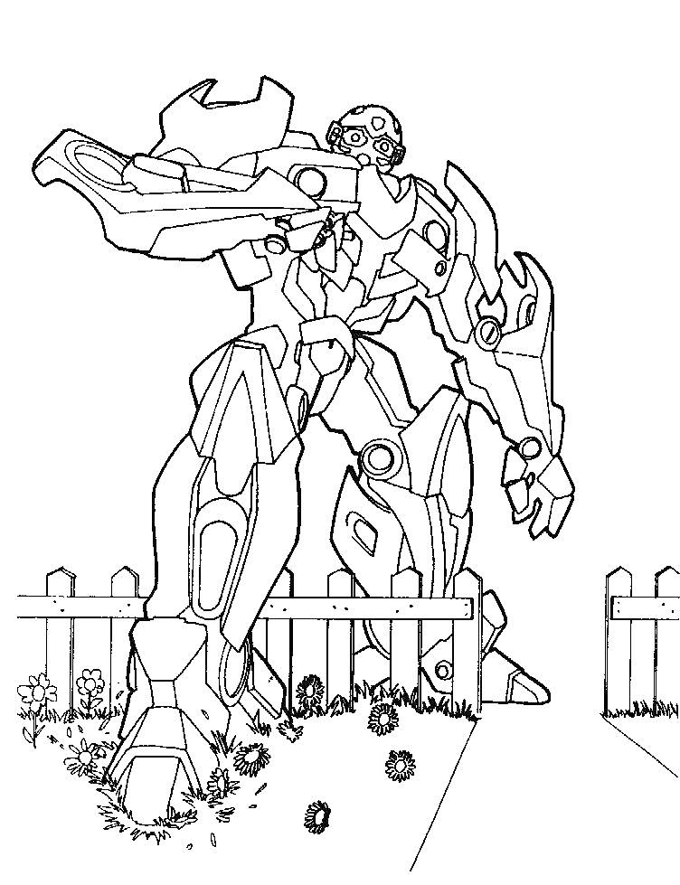 Раскраска Боевой робот на фоне забора и растений