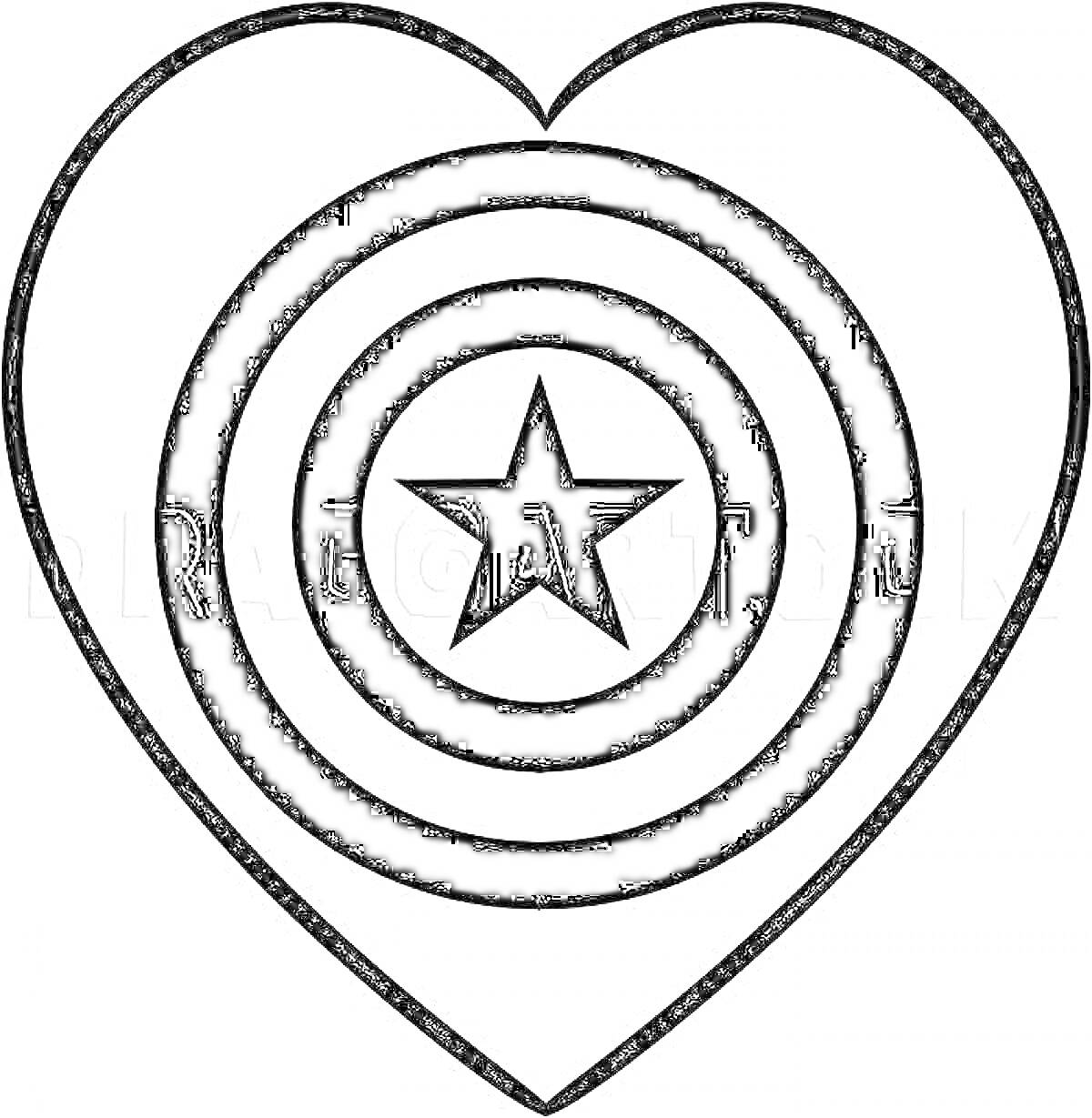 Раскраска Щит Капитана Америки в форме сердца с концентрическими кругами и звездой в центре