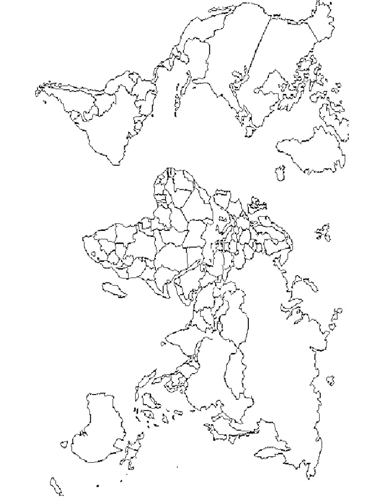 Раскраска карта мира в антарктической проекции с разделением на страны