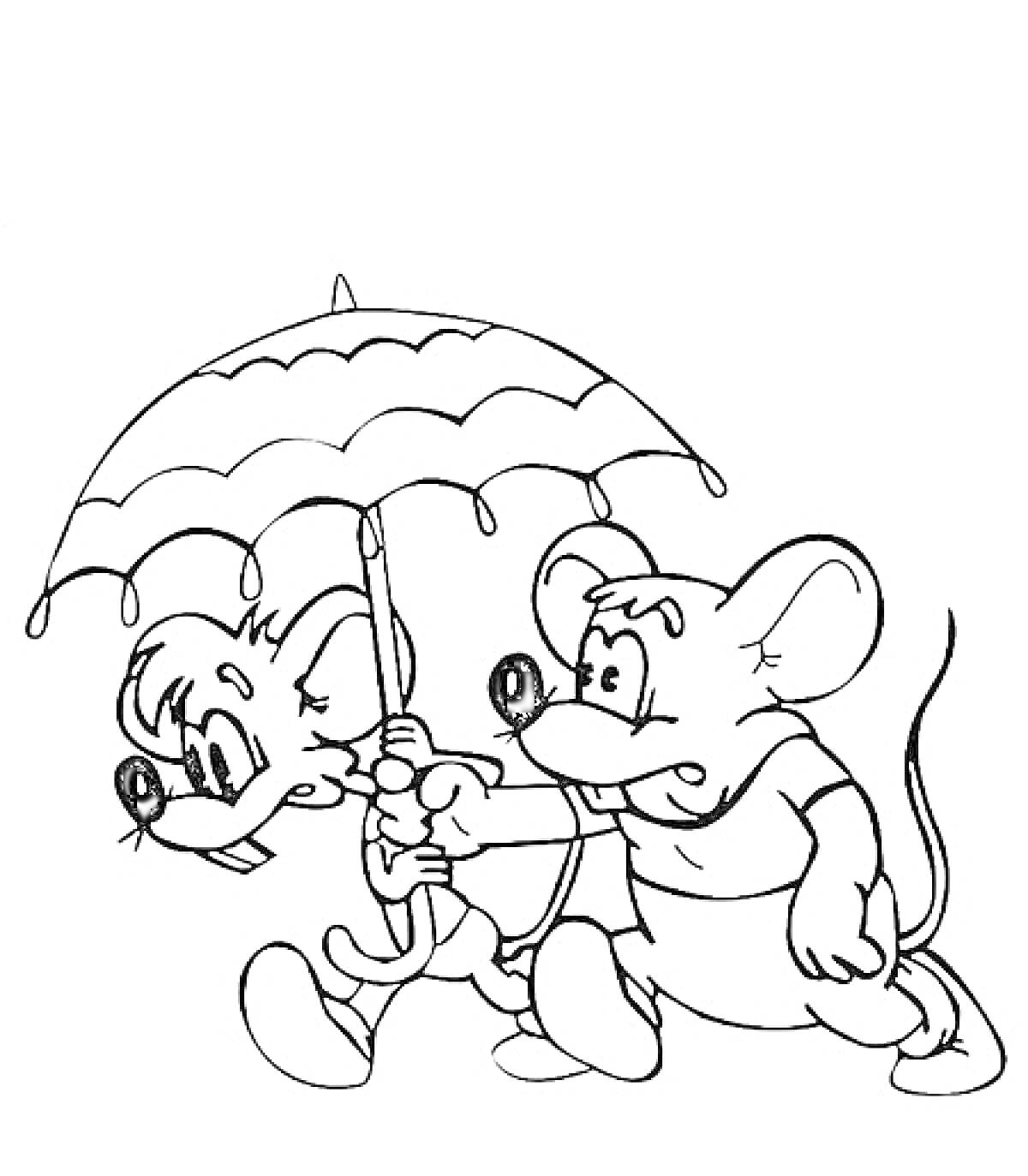 Раскраска Две мыши под зонтиком (одна мышь держит зонтик, другая за нее держится)