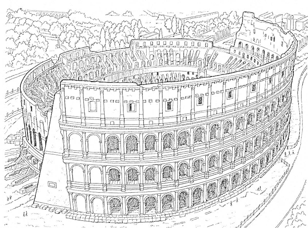 Раскраска Колизей, руины арены, архитектурная детализация, деревья на заднем плане, облака на небе