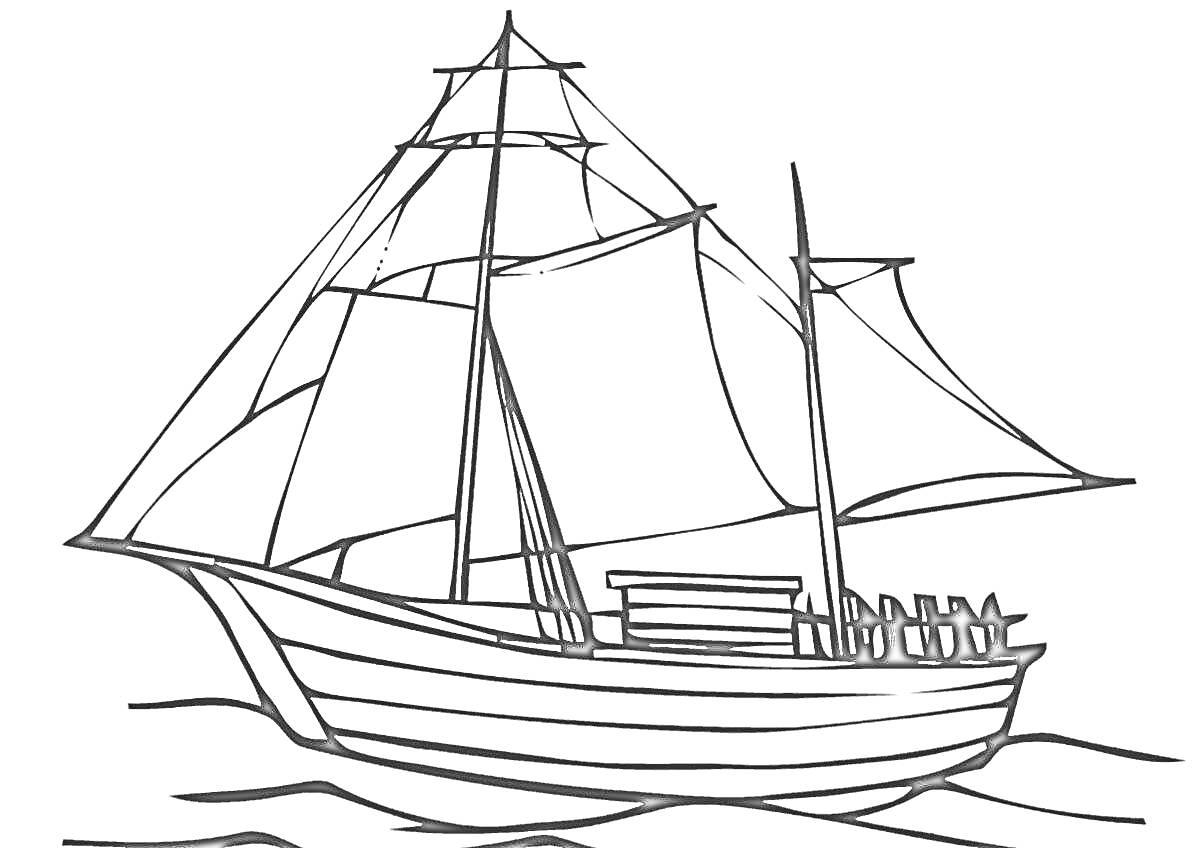 Раскраска Парусник на море с поднятыми парусами, несколько парусов, корпус лодки, волны.