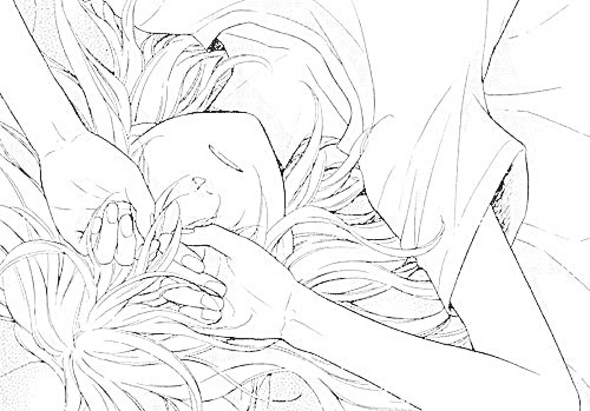 Раскраска Девушка с длинными распущенными волосами лежит на спине, держа руки около лица