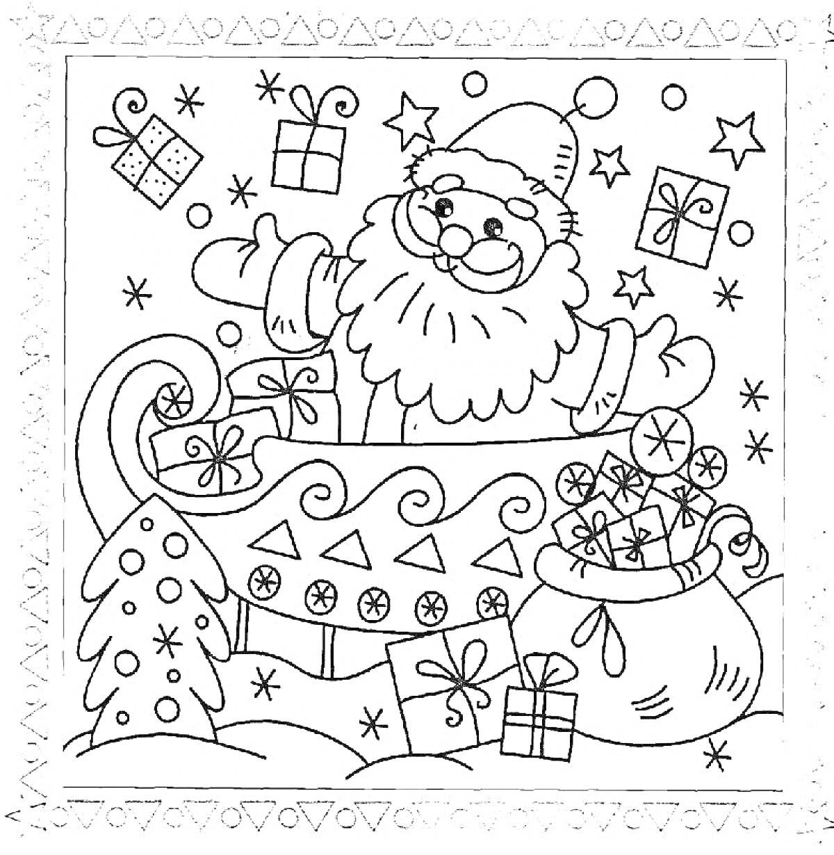 На раскраске изображено: Сани, Подарки, Новогодняя открытка, Мешок с подарками, Звезды, Санта Клаус, Елки