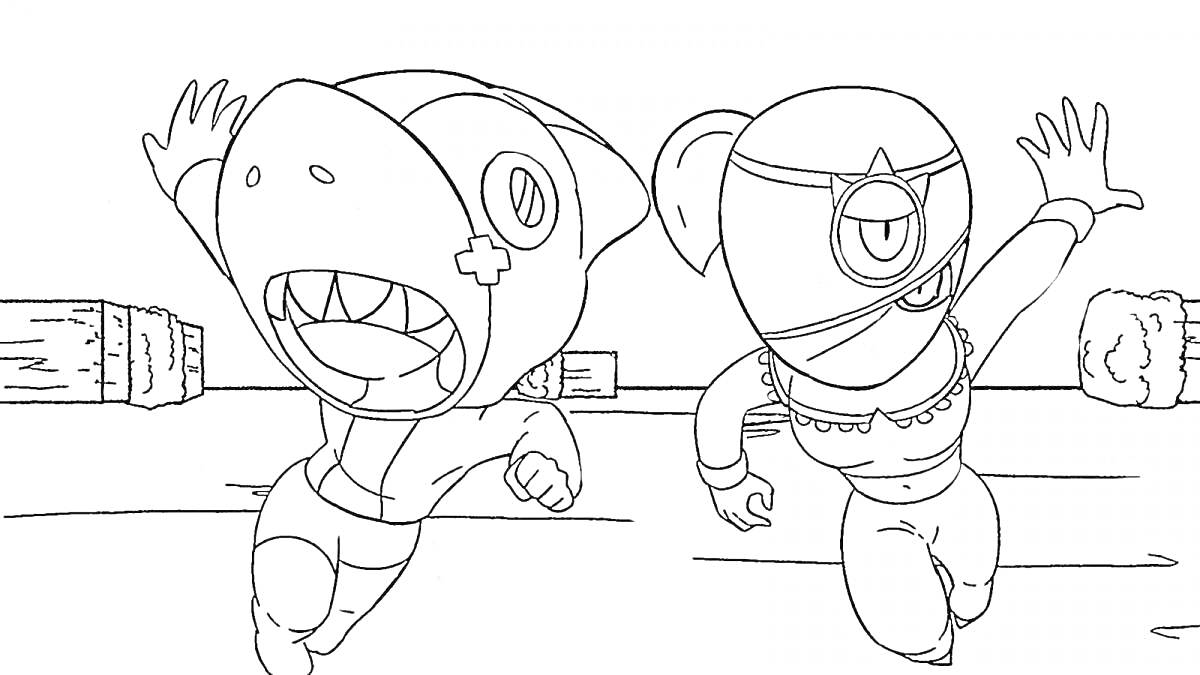 Раскраска Два бегущих персонажа в масках, изображение включает два персонажа с анимационными масками, бегущих по дорожке с препятствиями на заднем плане
