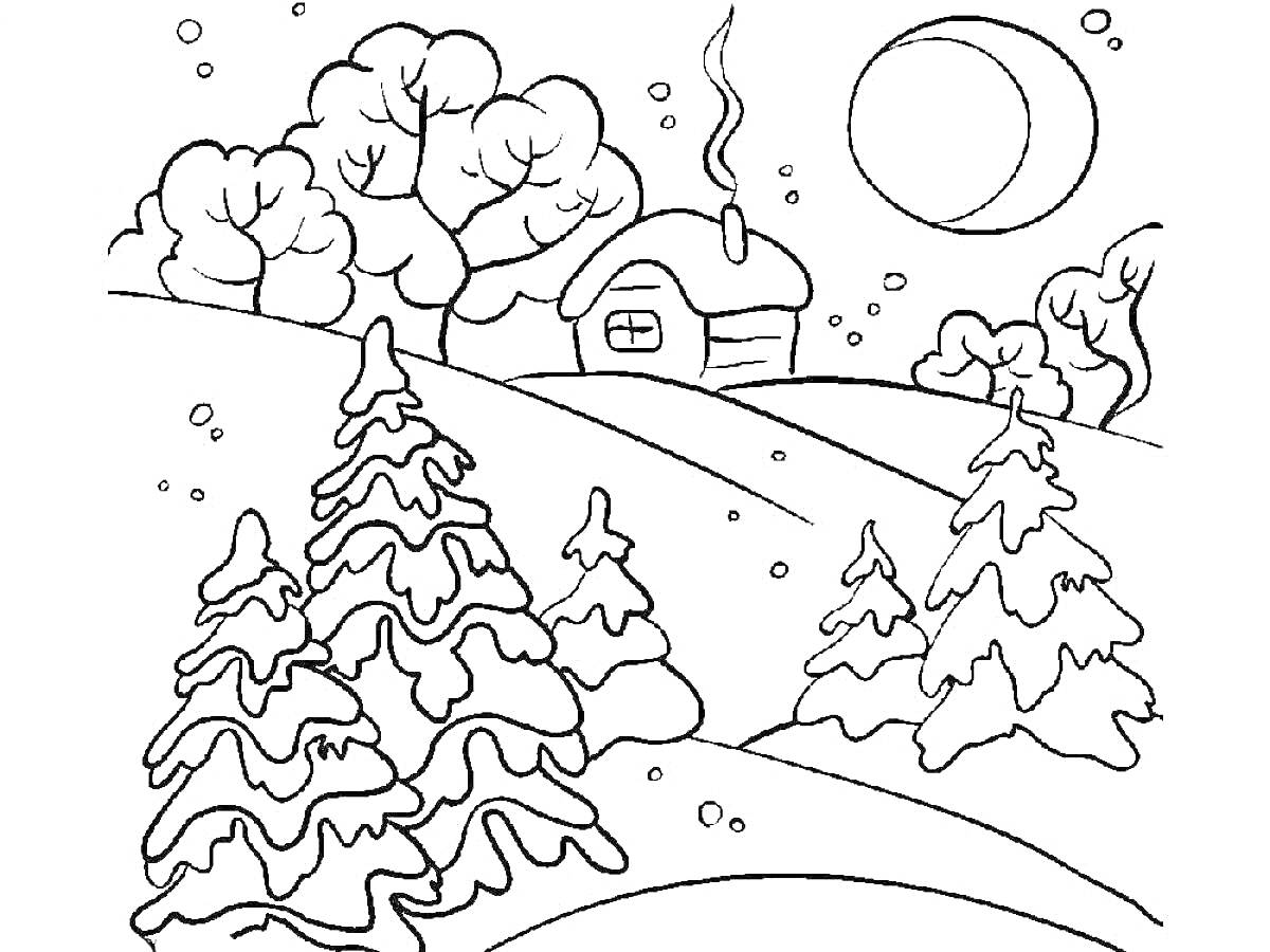 На раскраске изображено: Зима, Пейзаж, Домик, Деревья, Холмы, Снег, Ночь, Луна, Природа, Снегопад, Елки