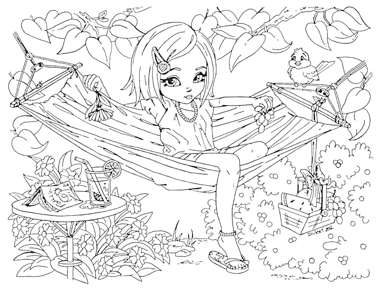 Раскраска Девочка на гамаке в саду с напитками и птицей