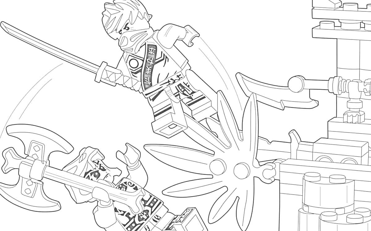 Раскраска Бой ниндзя и войны с топором рядом с технологичной постройкой