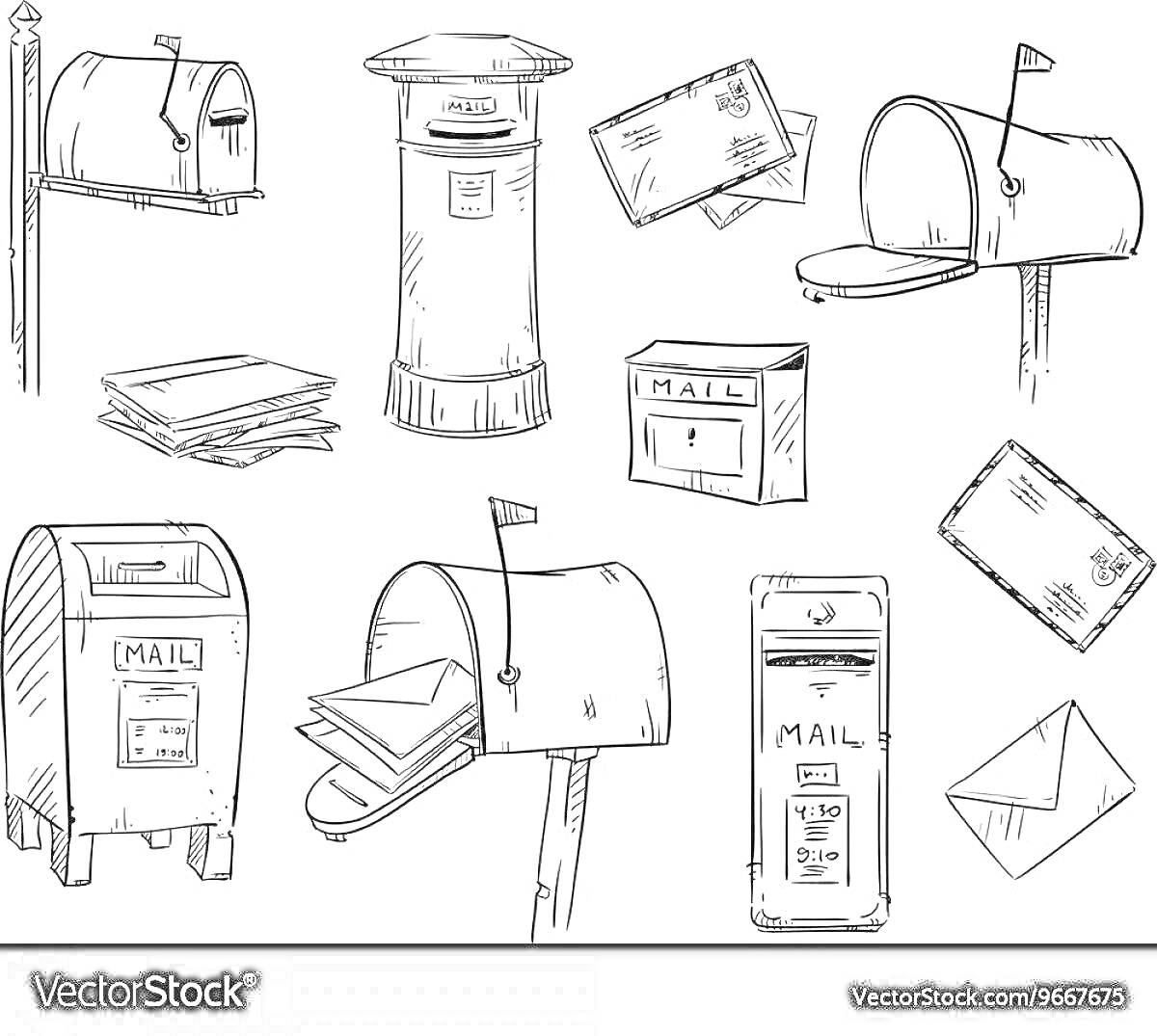 Раскраска разные почтовые ящики, письма и конверты