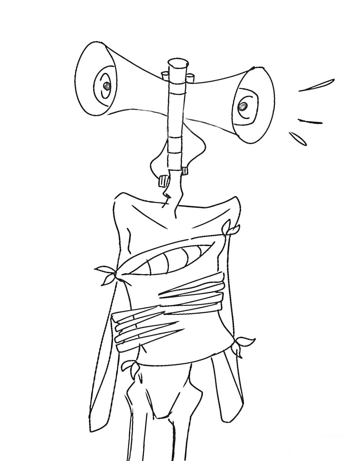 Раскраска Сиреноголовый монстр с сиренами вместо головы, обмотанный бинтами
