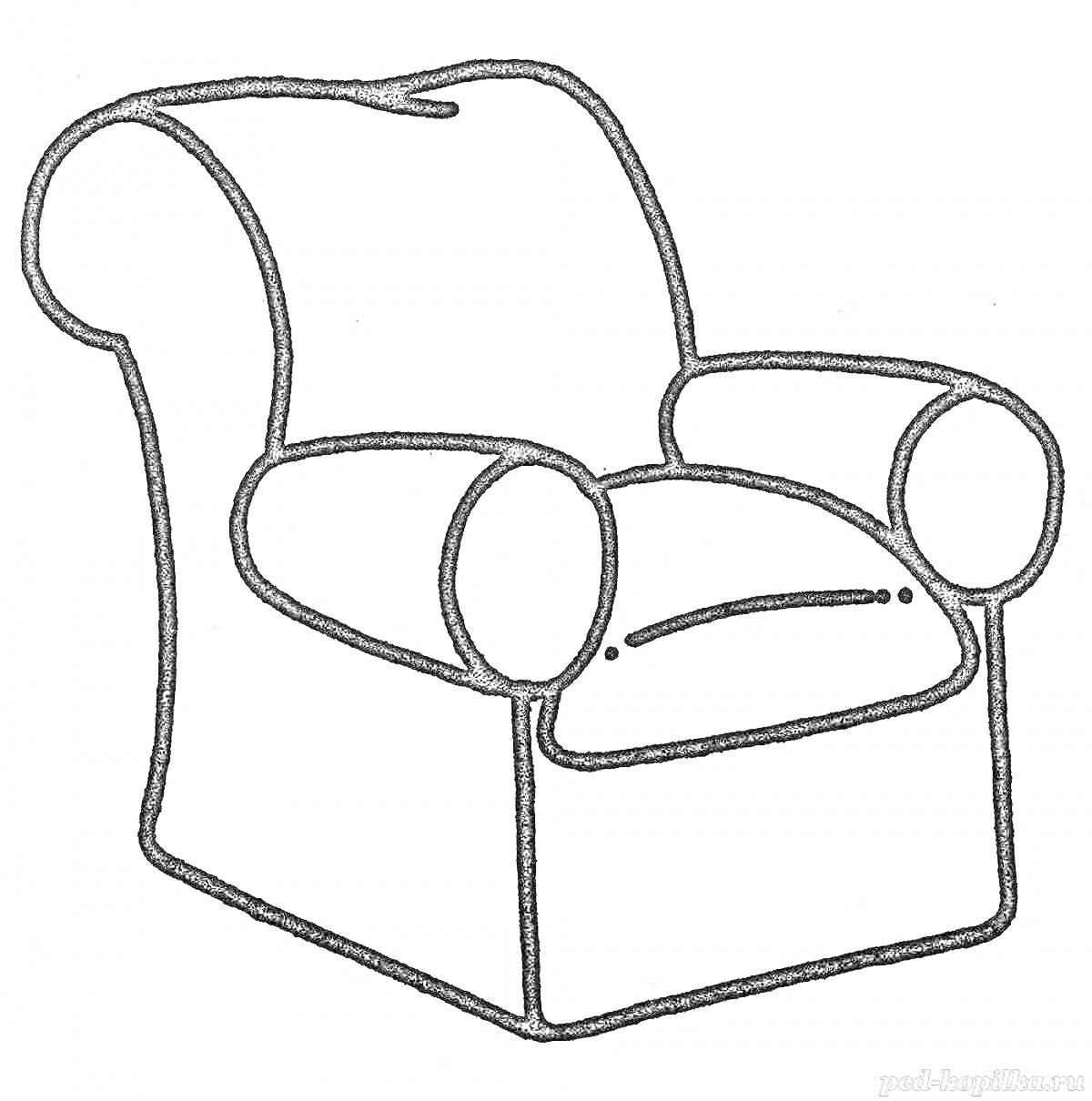 На раскраске изображено: Кресло, Мебель, Комфорт, Подлокотники, Для детей, Уют, Сидение