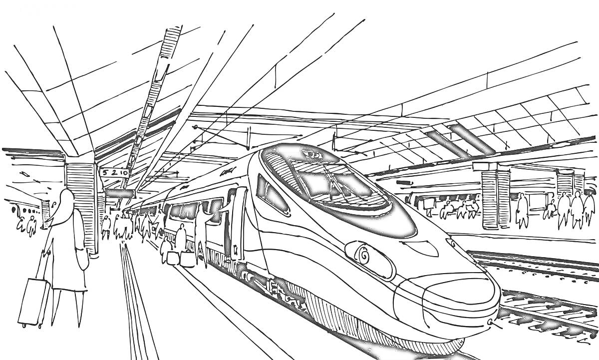 Раскраска Поезд сапсан на вокзале с пассажирами и чемоданами на платформе
