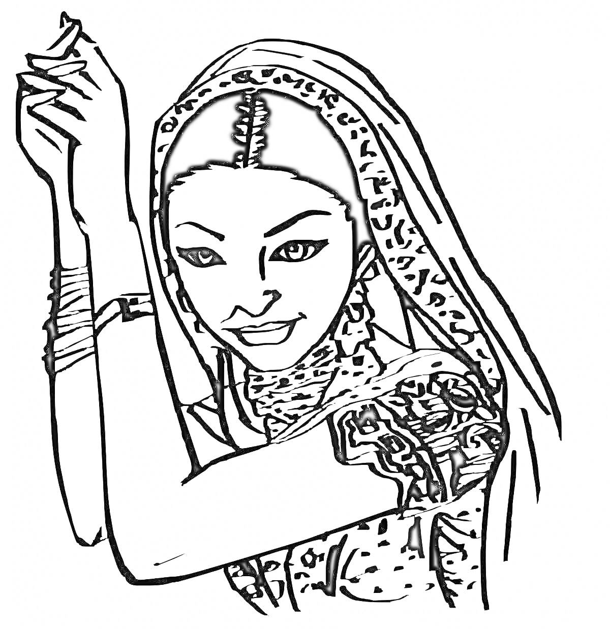 Раскраска Индианка в традиционной одежде с поднятыми руками и украшениями