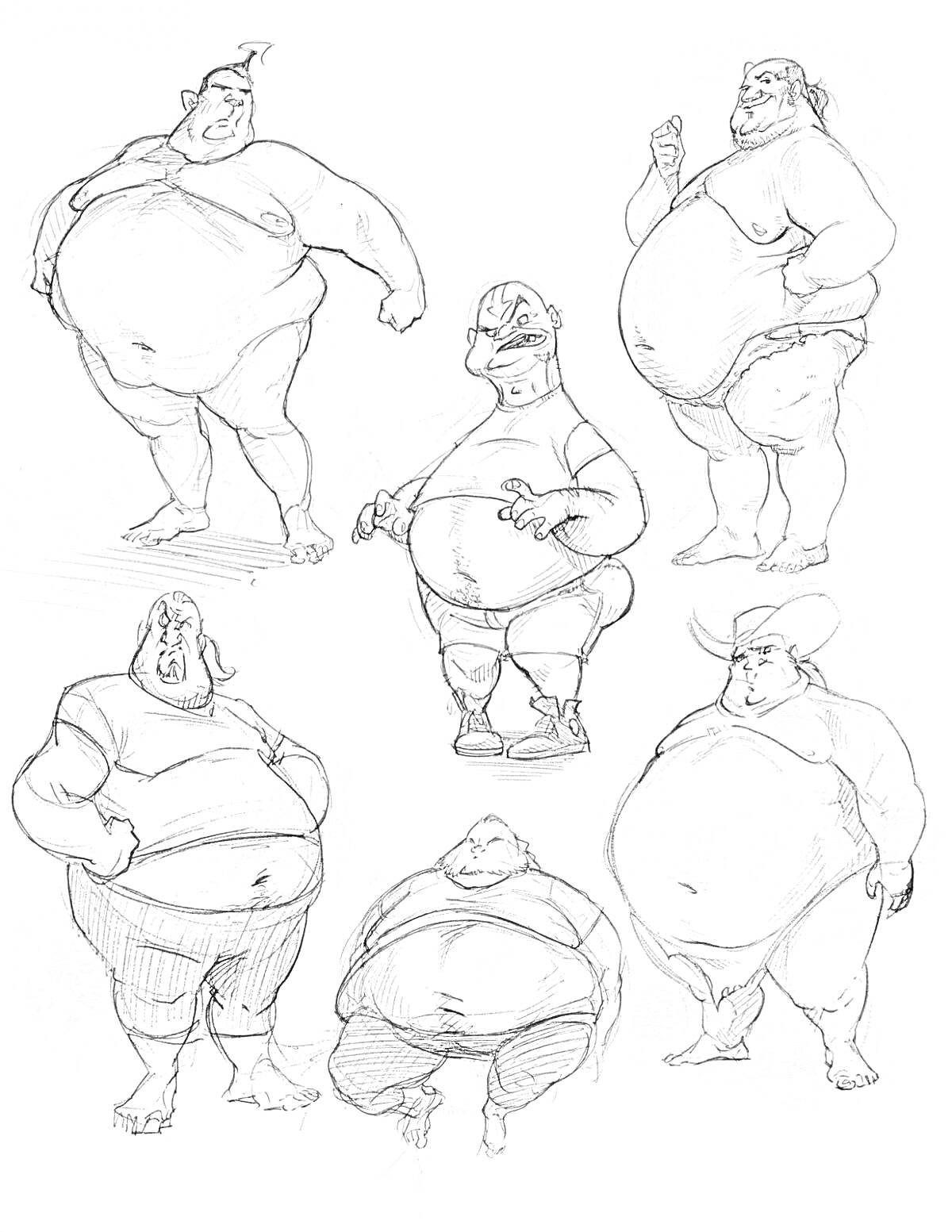 Раскраска Шесть толстых мужчин с различными выражениями лиц и позами