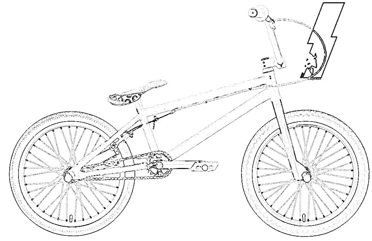 На раскраске изображено: BMX, Велосипед, Молния, Руль, Педали, Колёса, Спорт, Экстремальный спорт