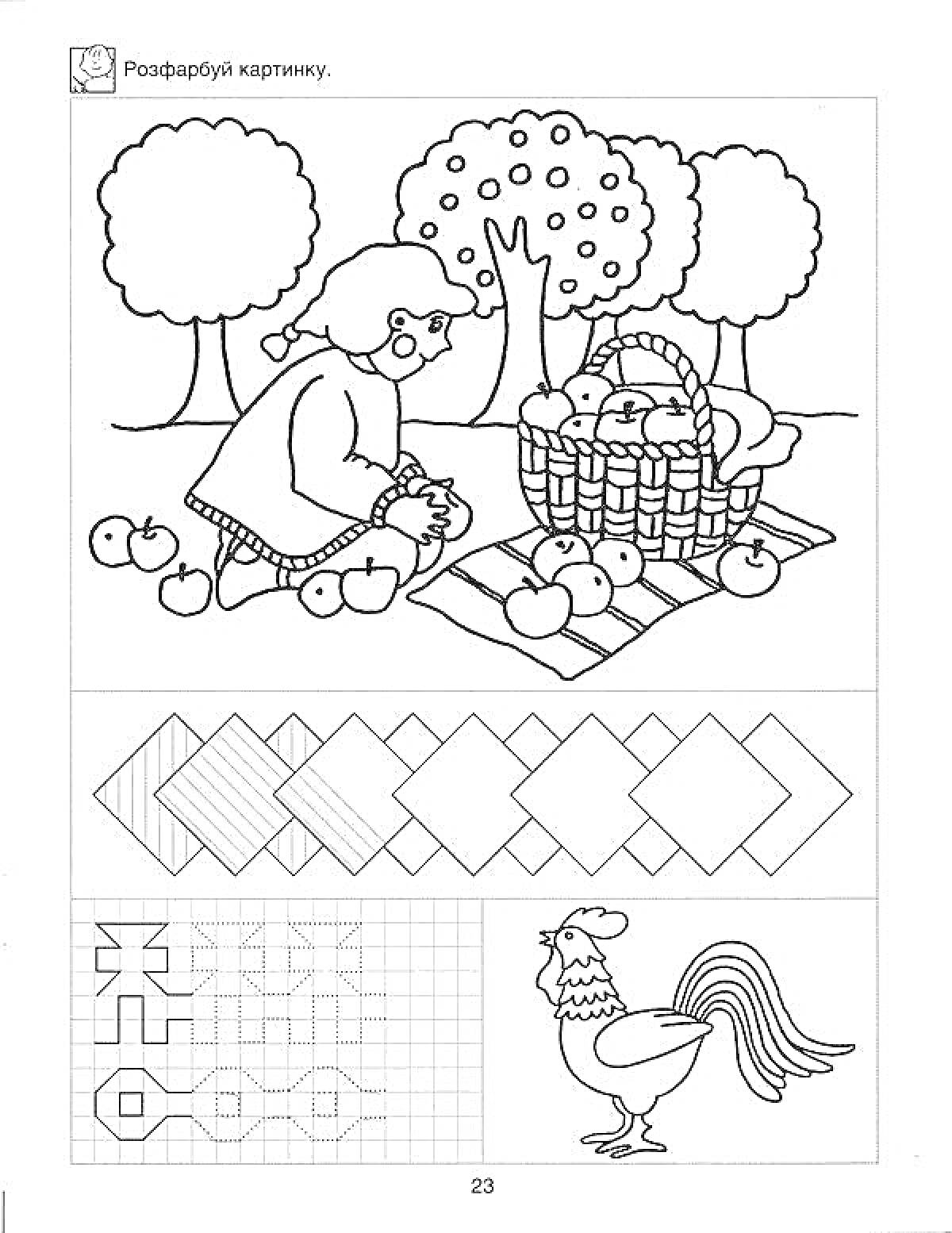 На раскраске изображено: Подготовка к школе, Девочка, Плед, Корзина, Яблоня, Деревья, Пикник, Геометрические фигуры, Сетка, Символы, Петух