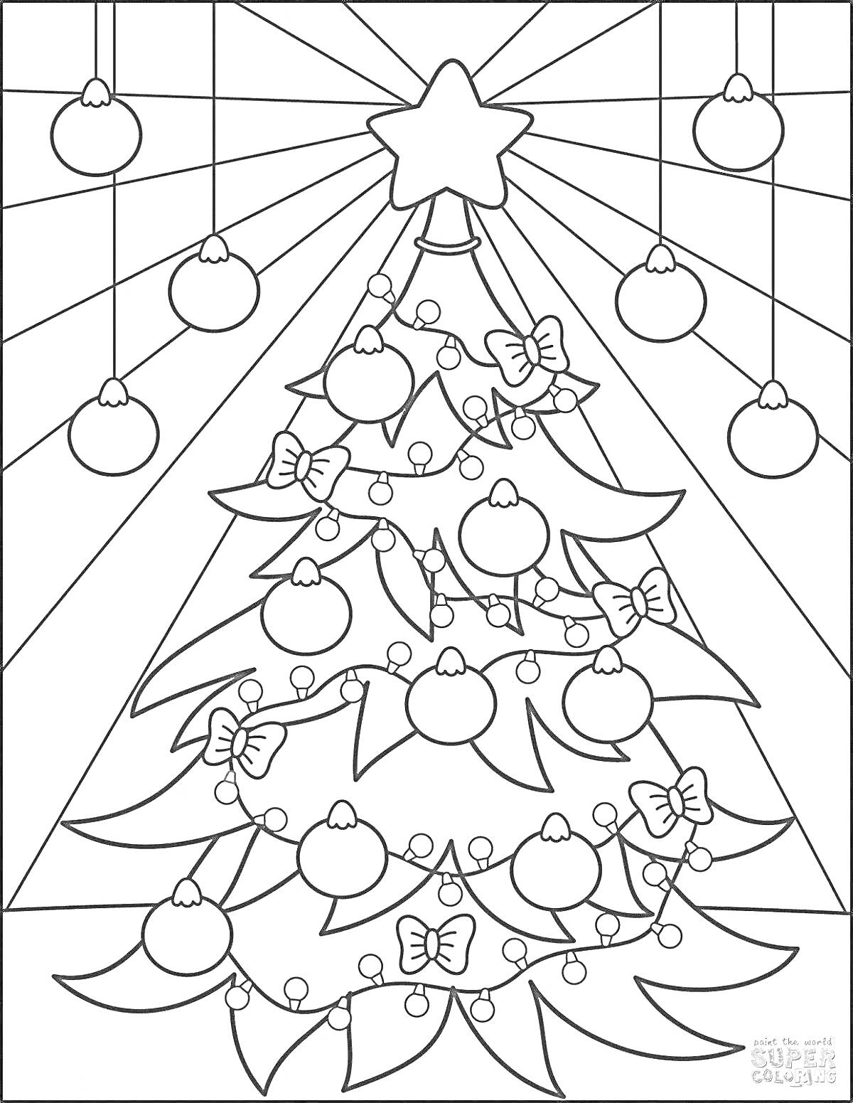 Раскраска елочка с шарами, звездой на вершине, подвешенными шарами и снежинками на боках