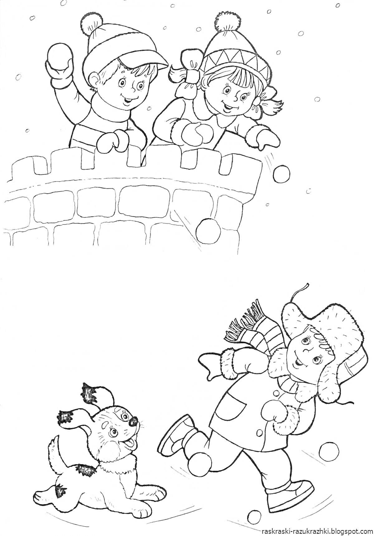 Раскраска Дети кидаются снежками с крепости и мальчик с собакой играют в снегу