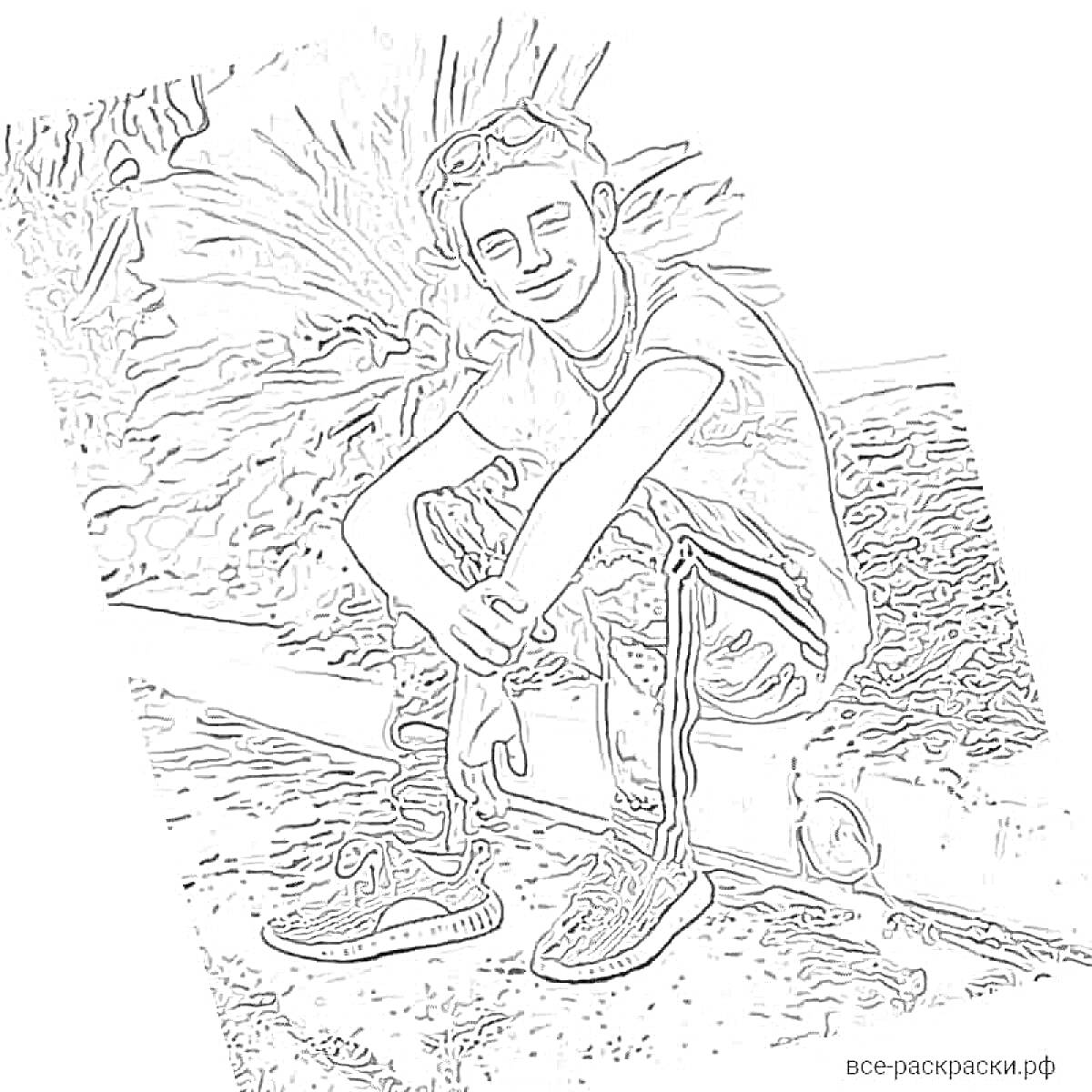 Раскраска Мальчик в футболке и спортивных штанах сидит на тротуаре (контурная раскраска)