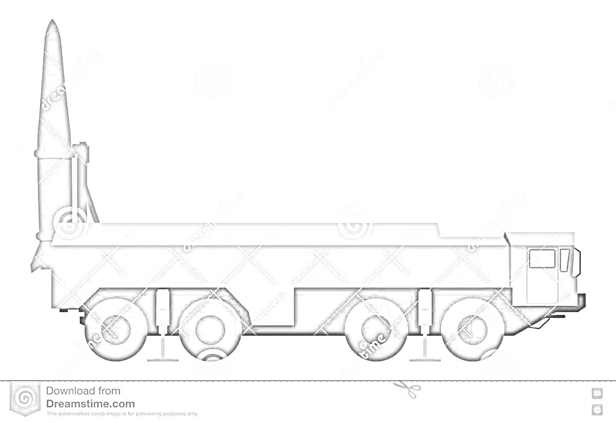 На раскраске изображено: Ракета, Военная техника, Колеса, Грузовая машина, Транспорт