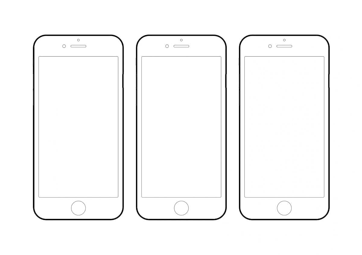 Раскраска Три айфона 7 в ряд на сером фоне