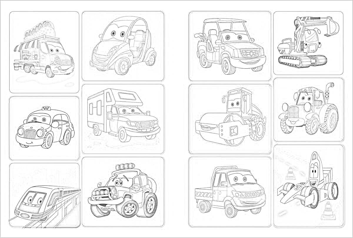 Раскраска машинки и спецтехника с глазами: кран, легковая машина, джип, экскаватор, автобус, трактор, грузовик, пикап, автодом