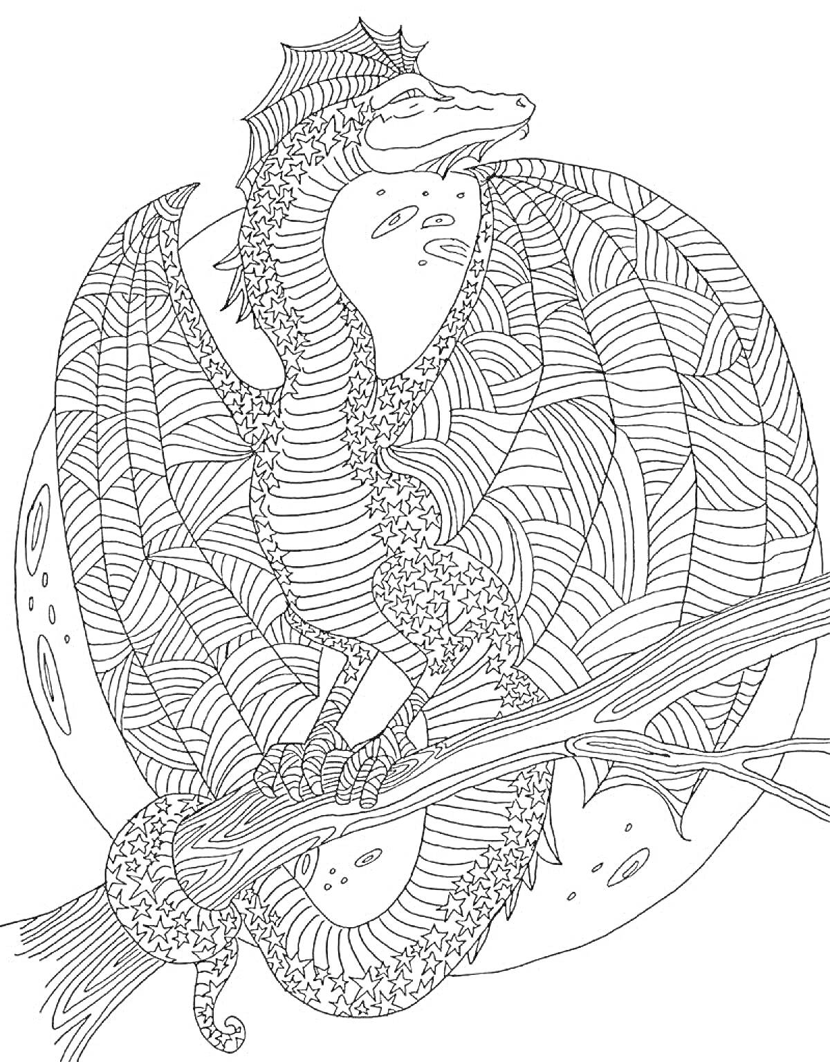 Раскраска Дракон с текстурированными крыльями и веткой, на фоне луны
