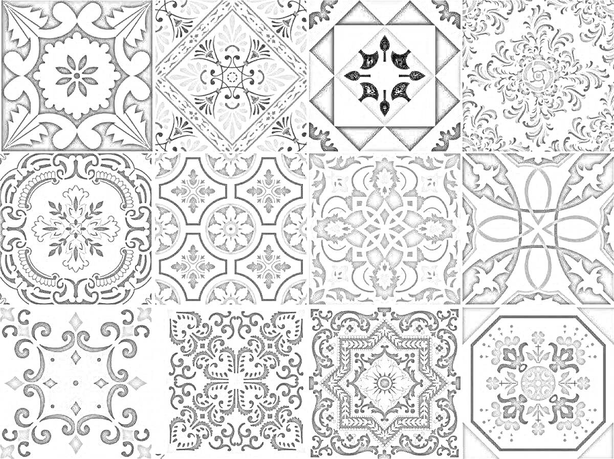 На раскраске изображено: Керамическая плитка, Орнамент, Мозаика, Декор, Геометрические узоры