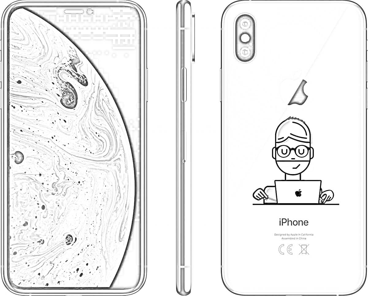 Раскраска Айфон 13 Про Макс с планетой на экране и рисунком человека с ноутбуком на задней панели