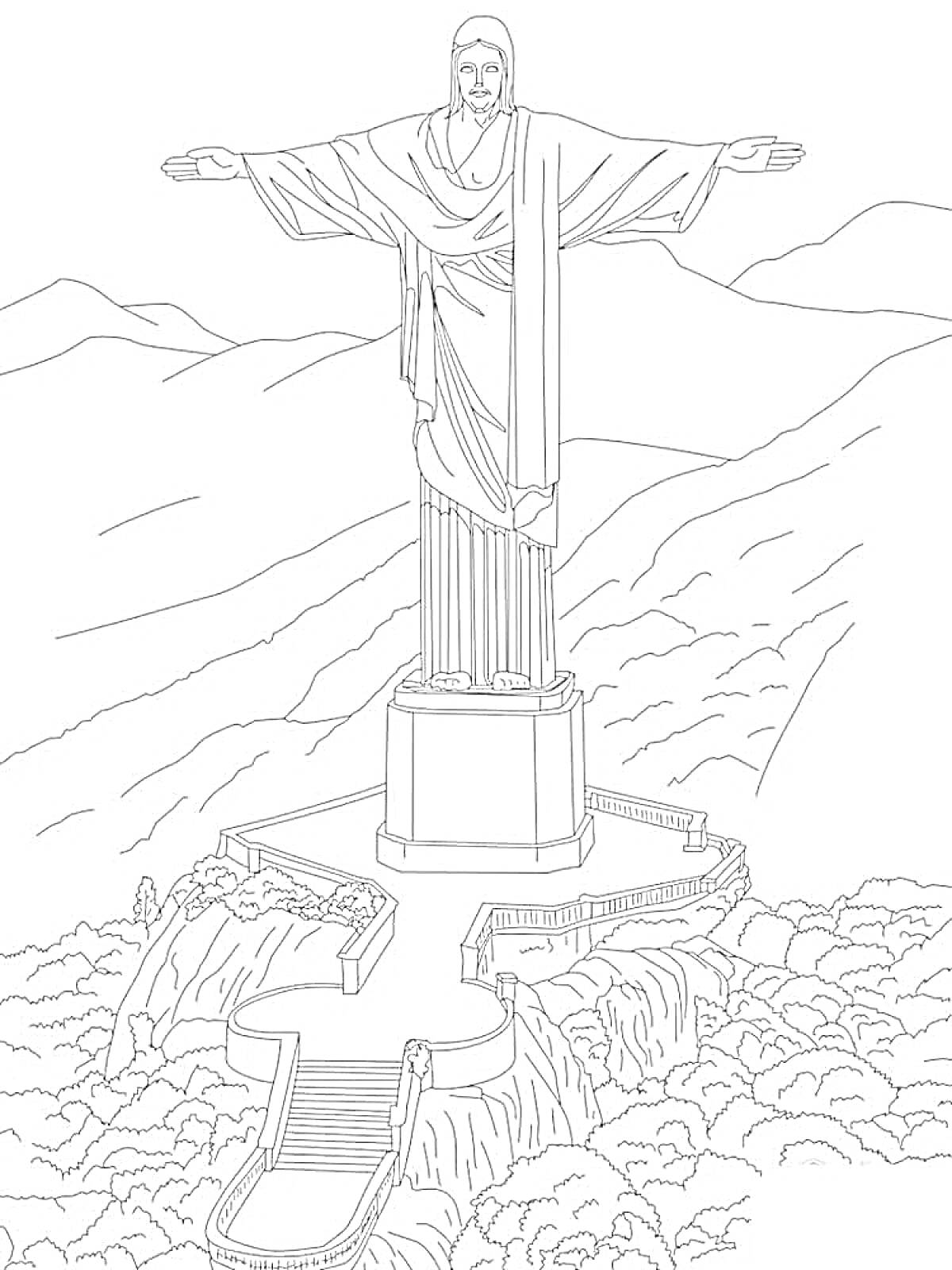 На раскраске изображено: Статуя, Иисус Христос, Постамент, Лестница, Растительность, Горы, Архитектура, Природа