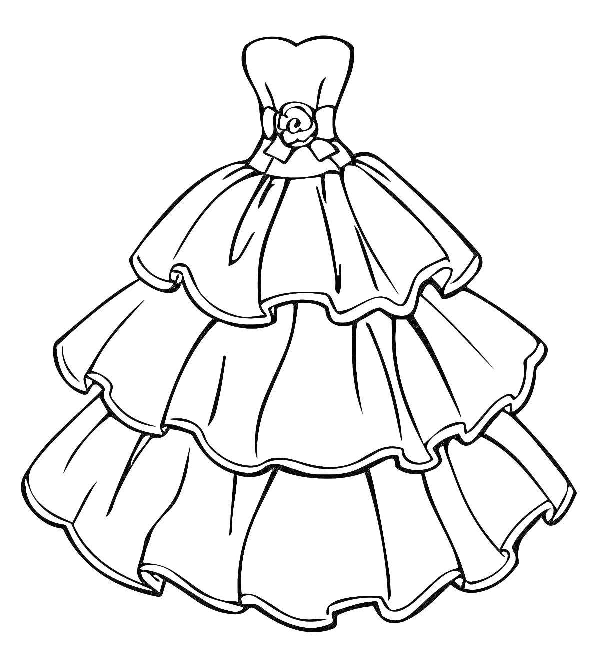 Раскраска Пышное платье для девочек с тремя ярусами юбки и поясом с бантом и цветочным украшением