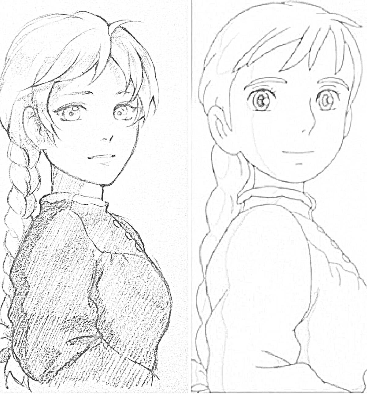 Раскраска Изображение с двумя портретами девушки с длинной косой из аниме 