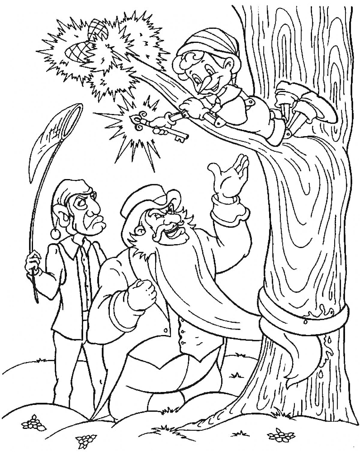 Раскраска Буратино, сидящий на дереве, злодеи пытаются достать его, используя сеть