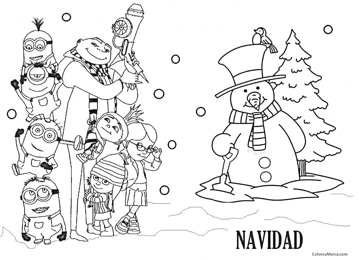 На раскраске изображено: Миньоны, Новый год, Рождество, Снег
