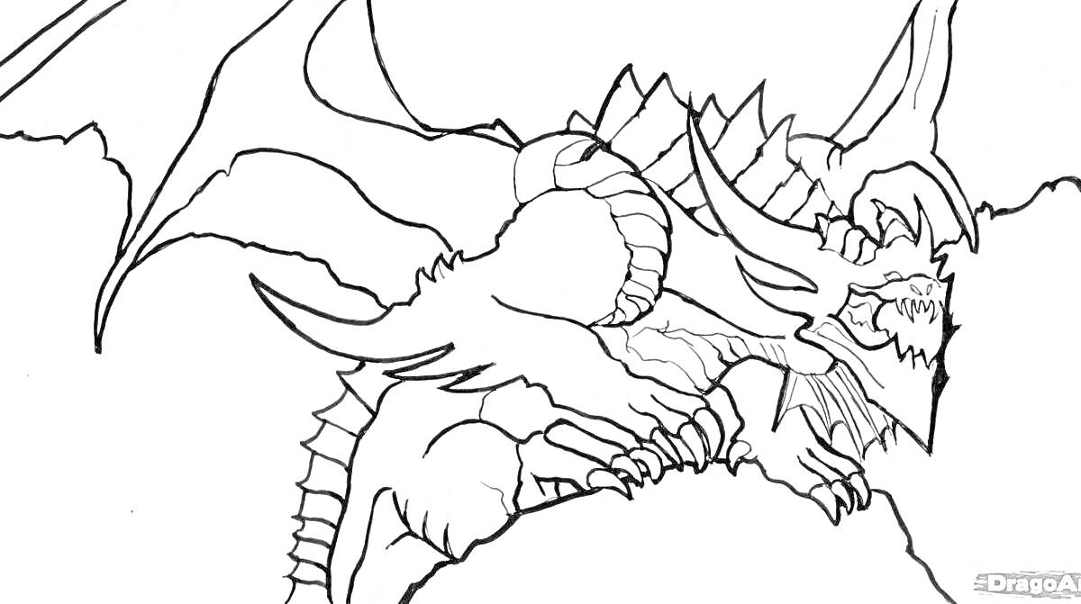 На раскраске изображено: Дракон, Крылья, Когти, Фантастика, Мифические существа