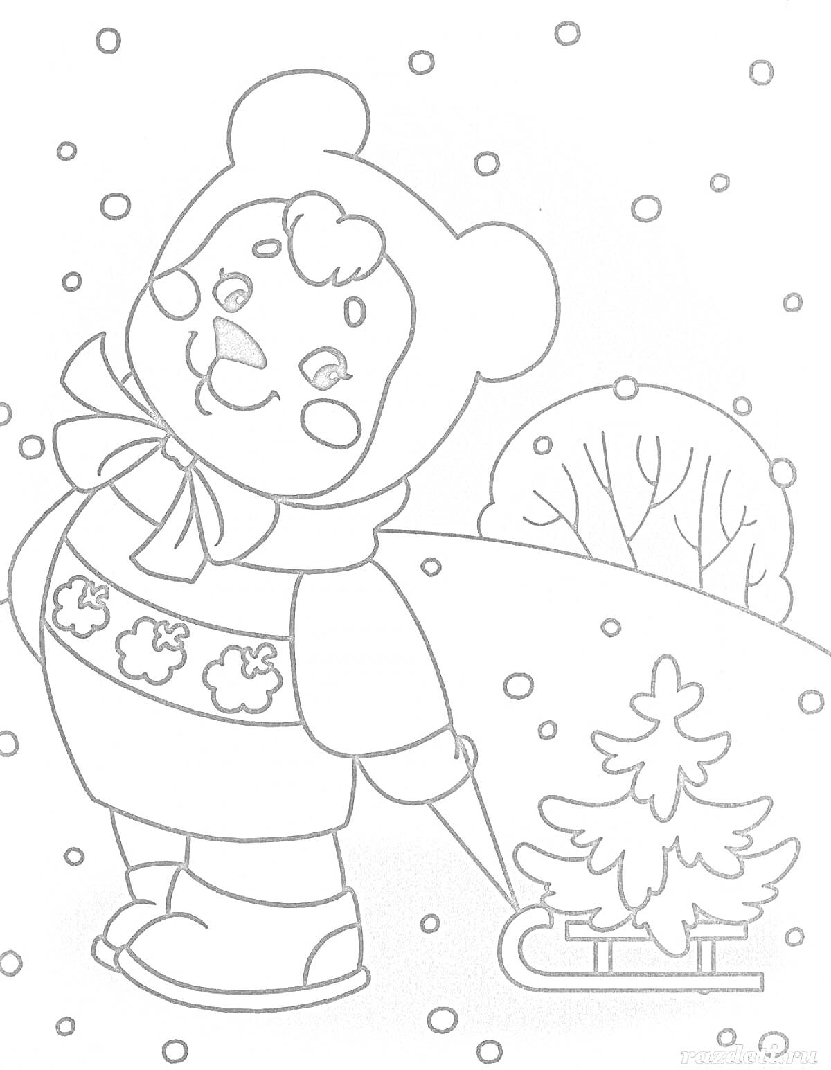 Раскраска Медвежонок в зимней одежде с елочкой на санках на фоне пейзажа