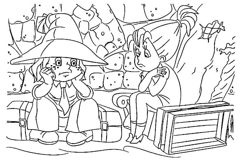 Раскраска Незнайка и девочка сидят на чемоданах внутри комнаты, позади стены из мешков