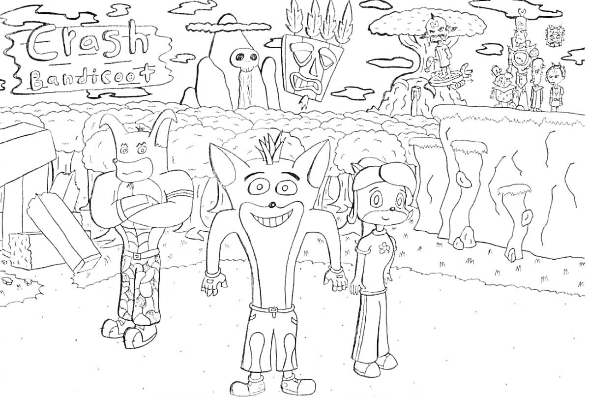 Раскраска краш бандикут и друзья на фоне островного ландшафта с маской ука ука и остальными персонажами