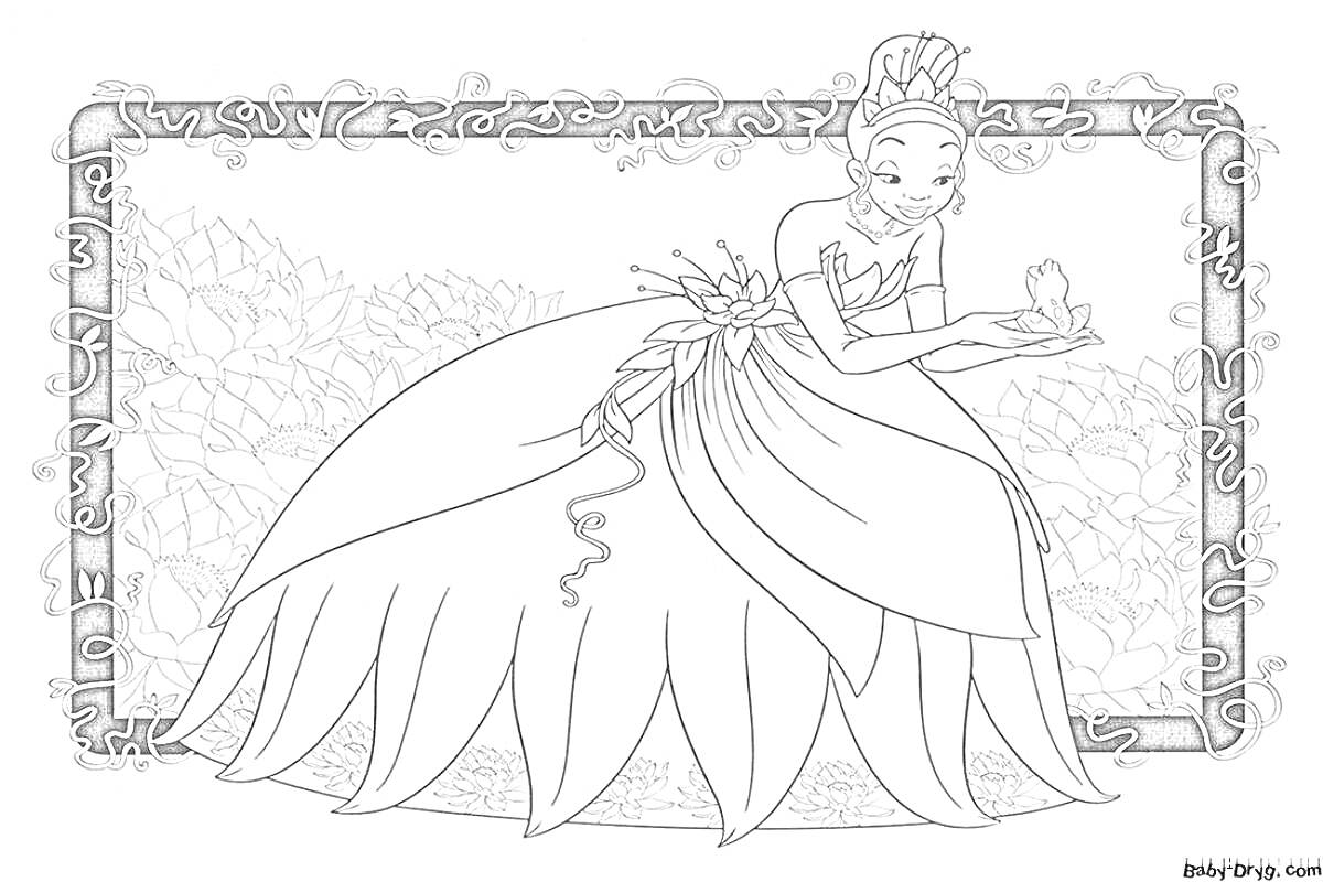Раскраска Принцесса в длинном платье с цветком в руках, на фоне цветов и узорной рамки