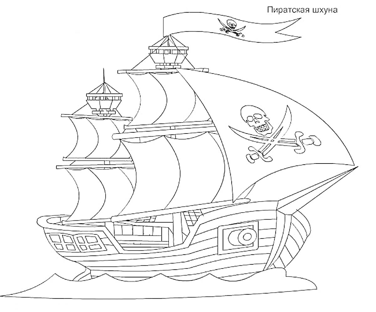 Пиратская шхуна с парусами, пиратским флагом, черепом и костями на парусе