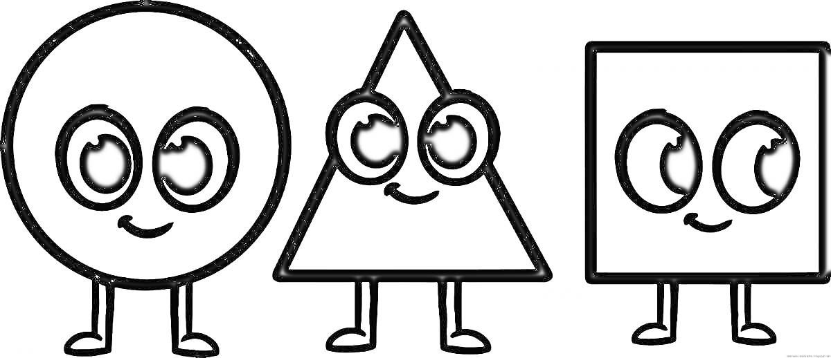 Раскраска Круг, треугольник и квадрат с глазами и ногами