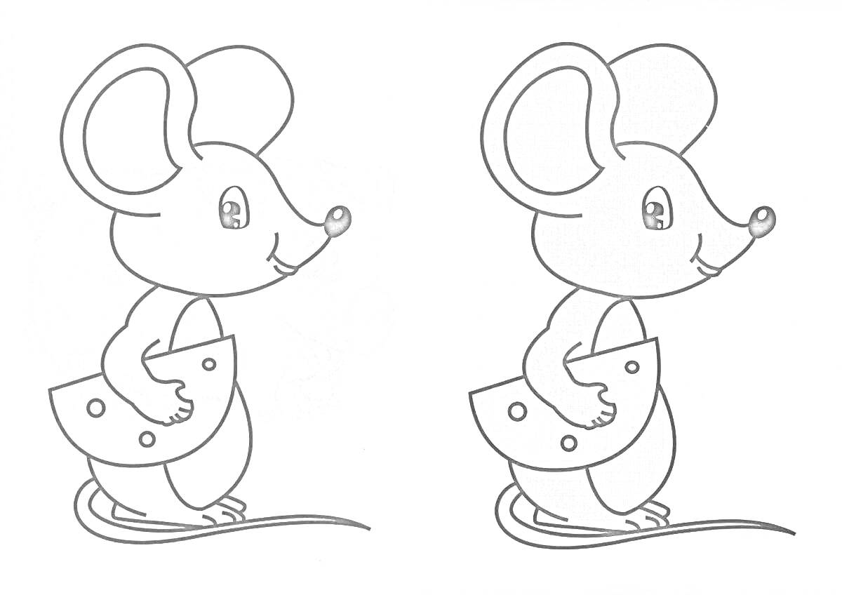 Раскраска Мышь с сыром, вид сбоку, одна раскрашенная, другая черно-белая