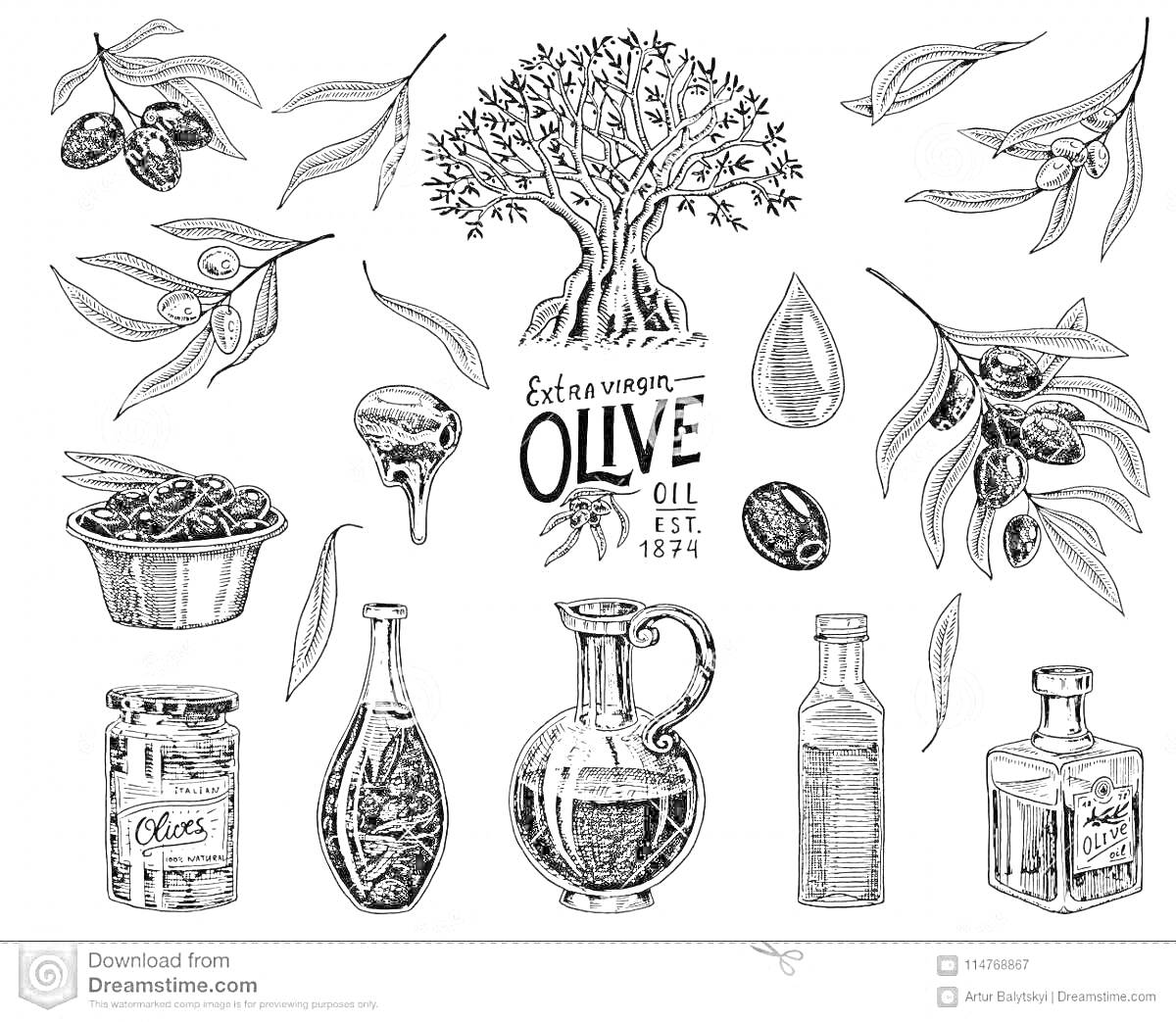 Раскраска Растительное масло - Оливковое дерево, капля масла, оливковое масло в бутылках и банках, оливки на ветвях, миска с оливками, оливки
