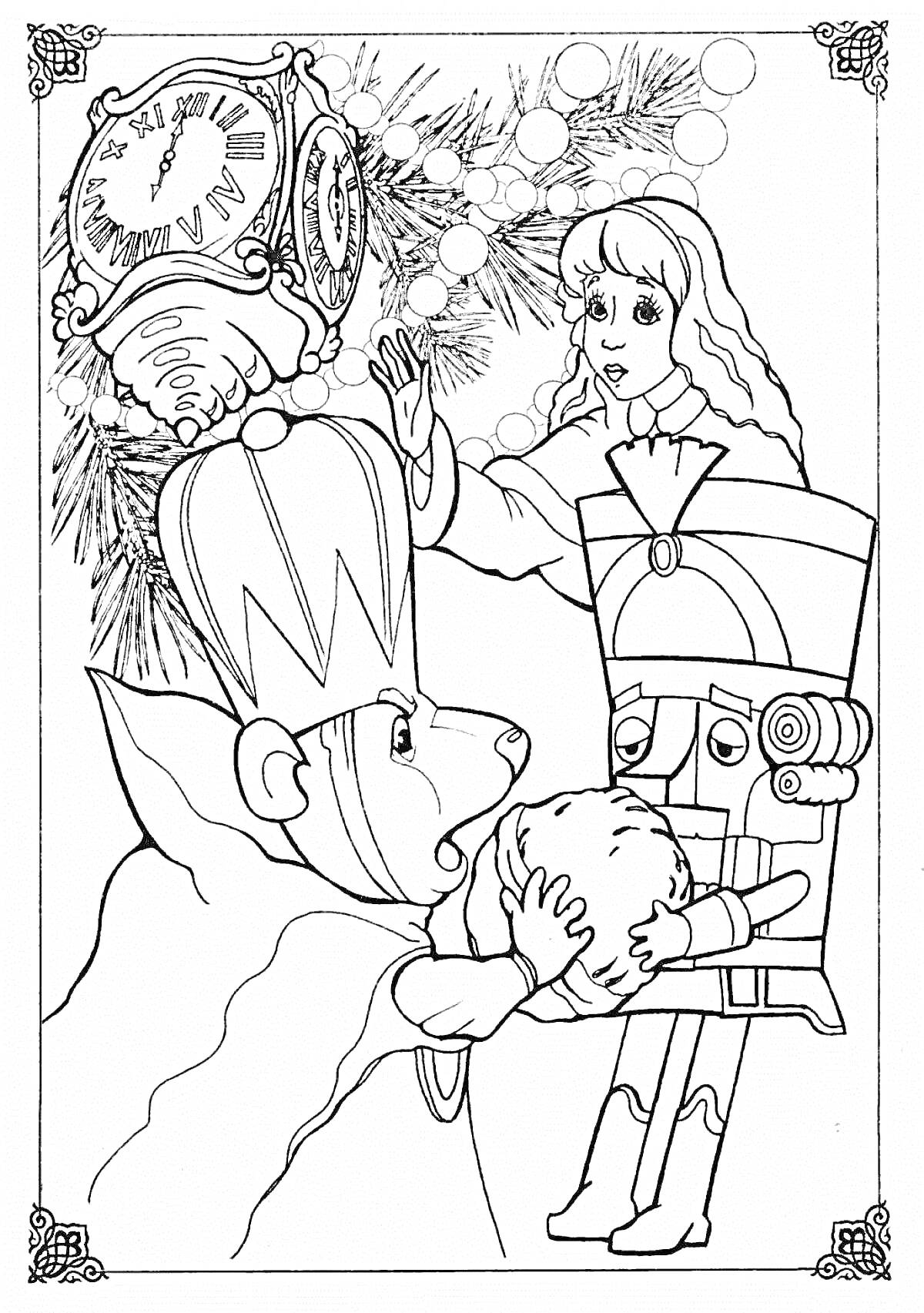 Раскраска Щелкунчик, Мышиный король и девушка у часов с елочными ветками