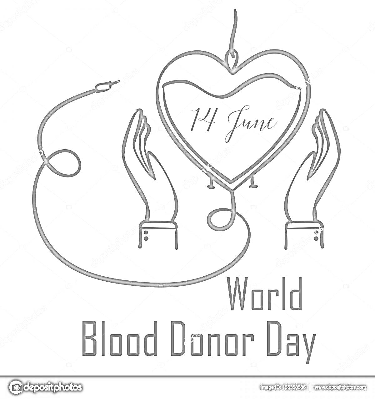 Раскраска День донора крови. Дата 14 июня, сердце, капельница, руки