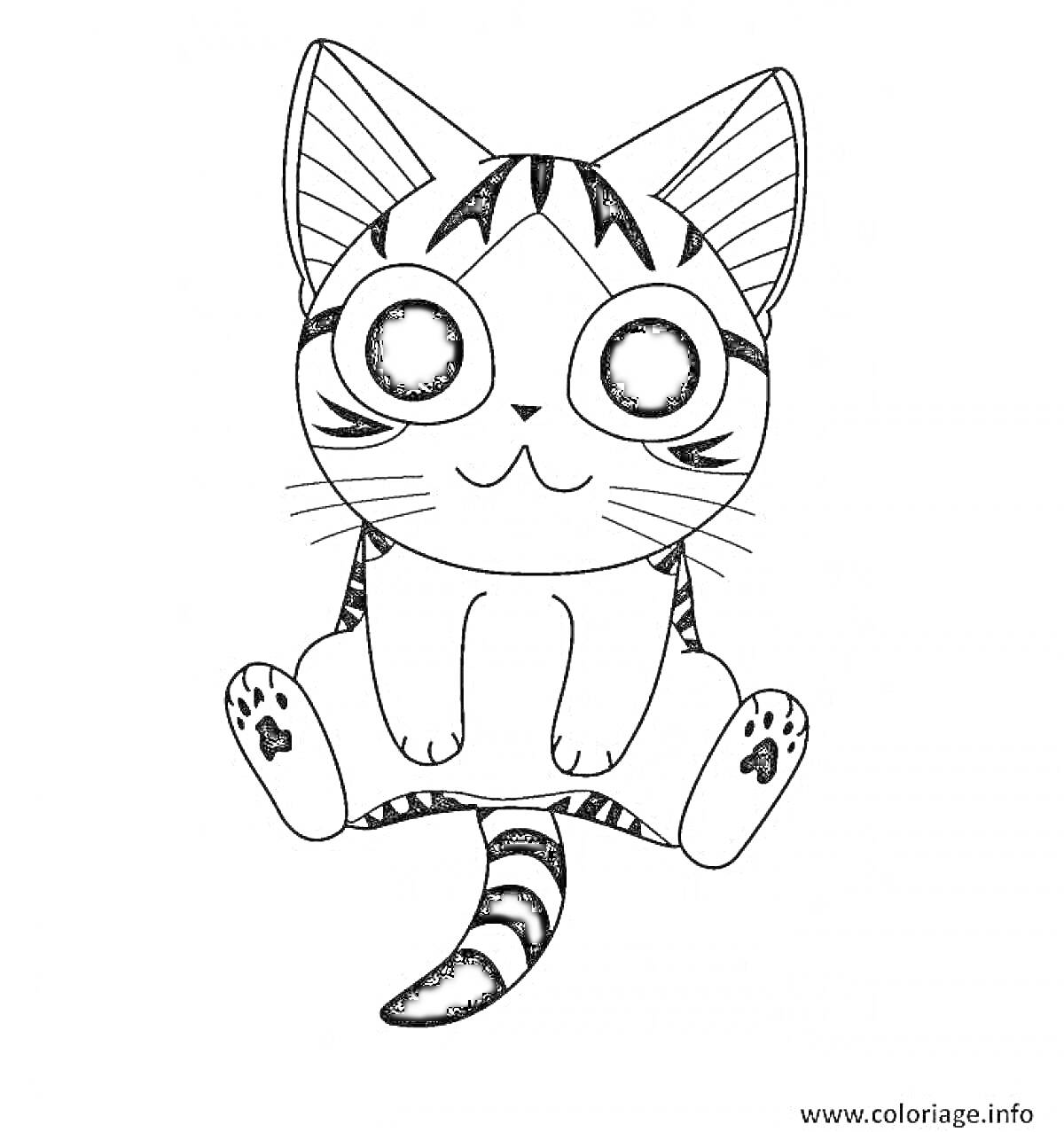 Раскраска Кот с большими глазами, сидящий с поднятыми лапами