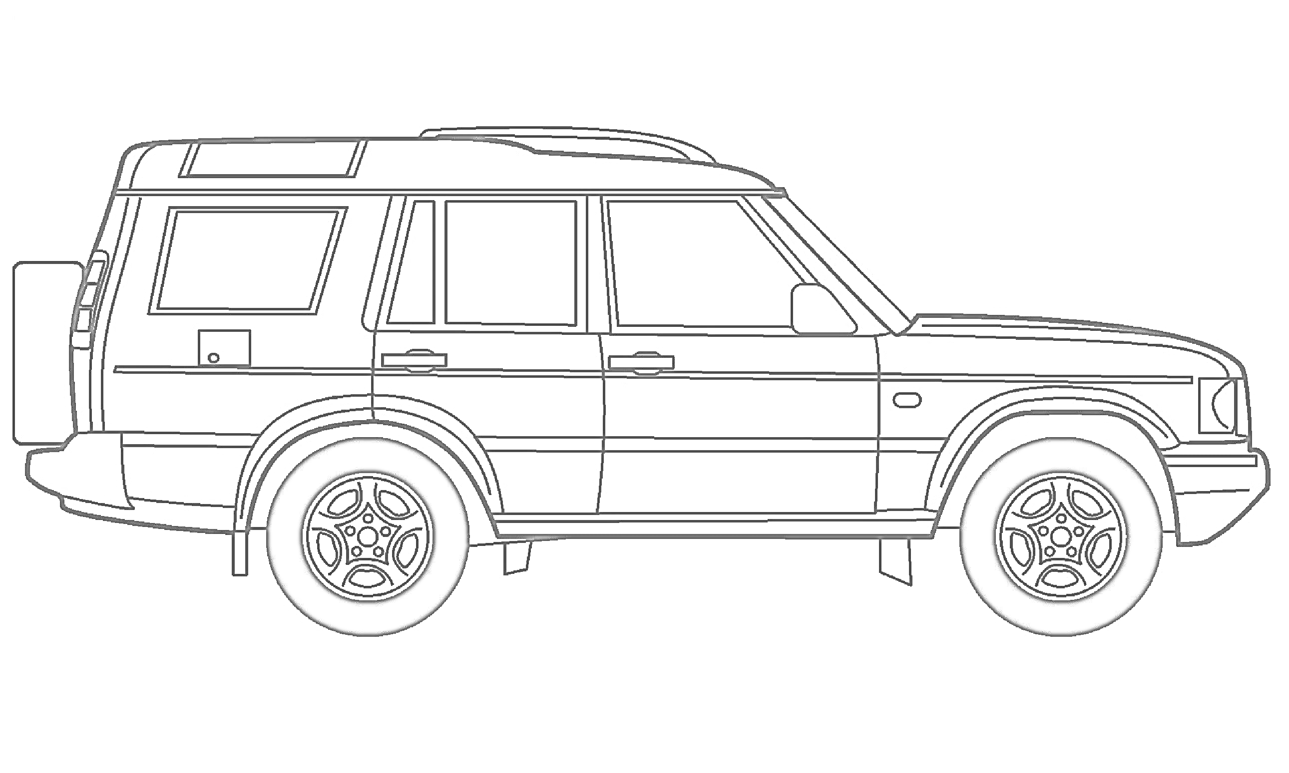 Раскраска Раскраска с изображением ленд ровера в профиль, с акцентом на колеса, окна, двери и переднюю часть машины.